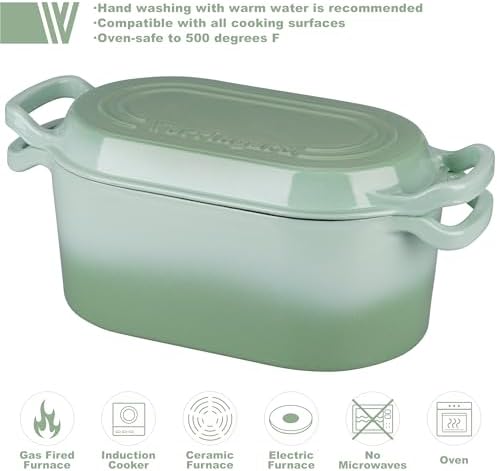 VORRINGARD Oval Dutch Oven Pot with Lid, Enamel Coating Cast Iron Bread Pans for Homemade Sourdough Bread Baking, Cooking, 4 Quart, Green