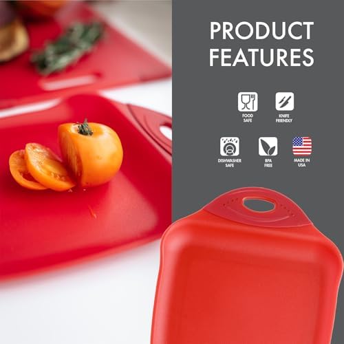 Dexas Chop & Scoop Cutting Board, 9.5 x 13 Inch, Solid Red, BPA-Free Dishwasher Safe Kitchen Prep Board with Handle