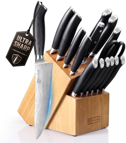 Paudin Knife Set, 17-Piece Kitchen Knife Set With Block, Built-In Sharpener