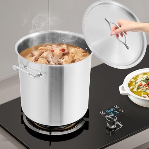 25 Quart Stainless Steel Stockpot Commercial Large Stock Pot with Lid & Handles, Cookware Soup Pot for Boiling Cooking Stew, Induction Cooking Pot for Home Restaurant Hotel (25L/26Qt)
