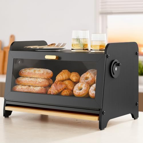 SNTD Bread Box for Kitchen Countertop, Bamboo Cutting Board, 1 Tier, Black