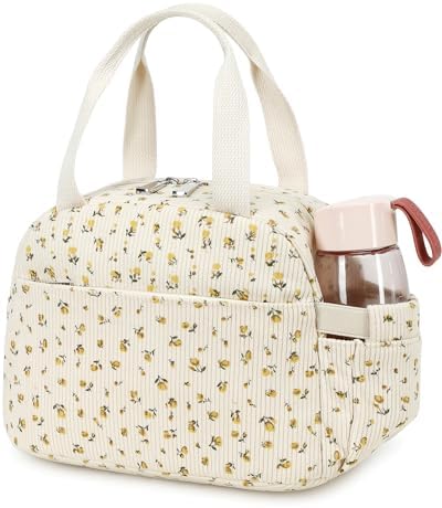Lunch Box Lunch Bag Insulated Lunchbox Cute Reusable Lunch Tote bags for School Work Picnic for Kids Girls Women (Beige Floral)
