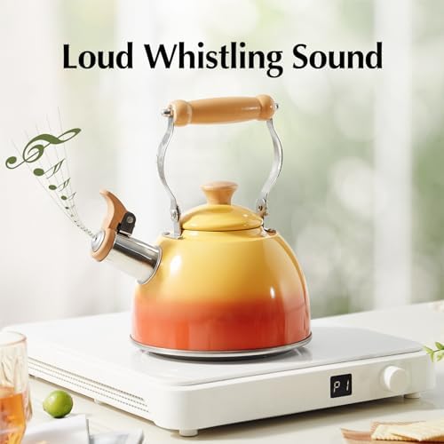 ROCKURWOK 1.6 Qt Tea Kettles Stovetop Whistling Fast Boil, Orange