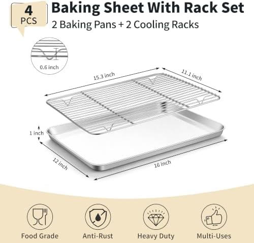 TeamFar Stainless Steel Baking Sheet with Rack Set, 16"x12"x1"
