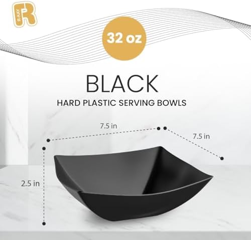 R-kay 6 Pack Square Plastic Serving Bowls - Black Plastic bowls 32 Oz - Premium Black Disposable bowls Heavy Duty For Weddings Catering And Birthday parties