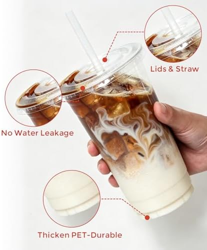 Ginkgo 32 oz Clear Plastic To Go Cups with Lids and Straws