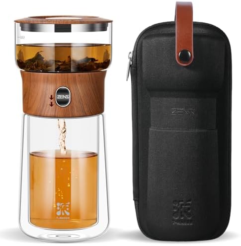 ZENS Glass Infuser Teapot, One Touch Tea Maker for Loose Leaf Tea, Walnut