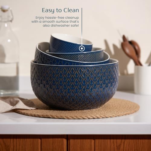 KooK Ceramic Nesting Bowls, Embossed, Oven Safe, Set of 4, Midnight Blue