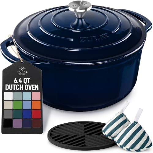 Zulay Kitchen 6.4QT Enameled Cast Iron Dutch Oven Pot with Lid, Heavy-Duty Soup Pot for Stews, Braising, Roasting & Sourdough Bread Baking, Oven Safe up to 500°F - Lapis Lazuli