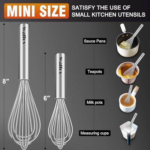 Walfos Mini Whisk,6+8 in Small Whisk,304 Stainless steel Whisks Heat Resistant 600°F,Nice for mixing salad dressings or beating an egg.Tiny whisk size great for narrow and shallow vessels.Silver