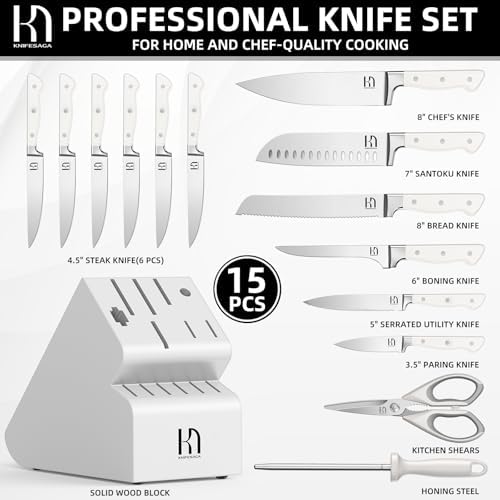 KnifeSaga 15-pc Japanese Kitchen Knife Block Set, Razor Sharp, Professional