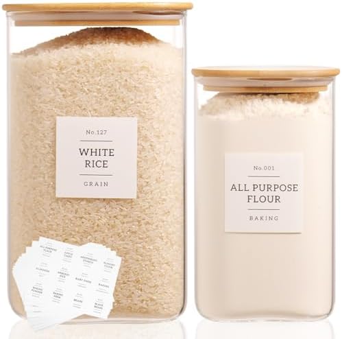 2 Pack large Square Glass Flour and Sugar Containers with 132 Kitchen Pantry Labels - 149 floz & 71 floz - Glass Jars with Airtight Bamboo Lid - Glass Rice Canisters for Coffee, Pasta, Cookie, Cereal