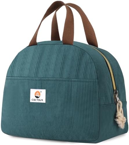 CaCTOUR Large Lunch Box for Women, Cute Lunch Box Cooler Bag, Portable Insulated LunchBox Reusable Corduroy Lunch Tote for Work/Travel/Picnic (Lake Green)