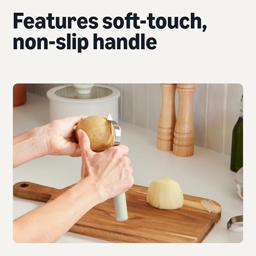 Amazon Basics Vegetable and Potato Peelers with Ultra-Sharp Stainless Steel Swivel Blades, Non-Slip Soft-Touch Handle, Protective Covers, 2-Piece Set, Dishwasher-Safe, Linen Gray
