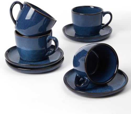 Pokini Stoneware Coffee Cups with Saucers, Cappuccino Cups, Mugs Set of 4