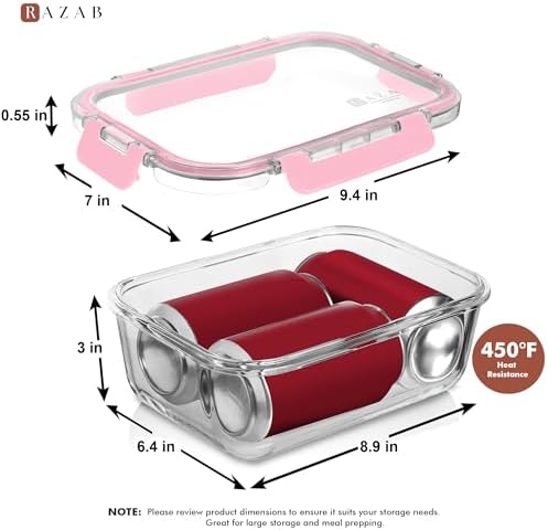 Razab 2 Pcs 1860ml / 63 Oz Large Glass Food Storage Containers with Lids - Glass Meal Prep Containers with Locking Lids for Roasting, Storing Leftover, Lunch Container, BPA Free, Microwave & Oven Safe
