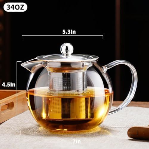 PARACITY Tea Pot with Infuser, 34 oz Stovetop Glass Tea Kettle, Round Body