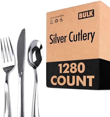 1280 Pack Silver Plastic Cutlery Disposable Silverware - 640 Forks, 320 Knives, 320 Spoons - For Catering, Parties, Dinners, Weddings, and Everyday Use, Stock Your Home