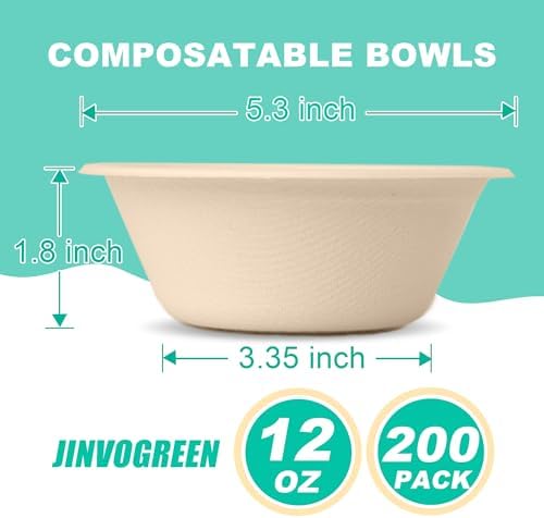 JINVOGREEN 200 Count 12 oz Paper Bowls Disposable Compostable Bowl, Natural