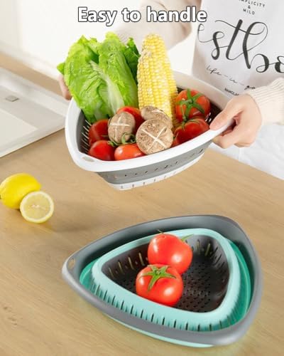 2-Pack Triangle Collapsible Silicone Colander Strainer, Foldable Kitchen Sink Basket for Washing Vegetables & Pasta, Space Saving & Dishwasher Safe, Kitchen Essentials (White and Blue)