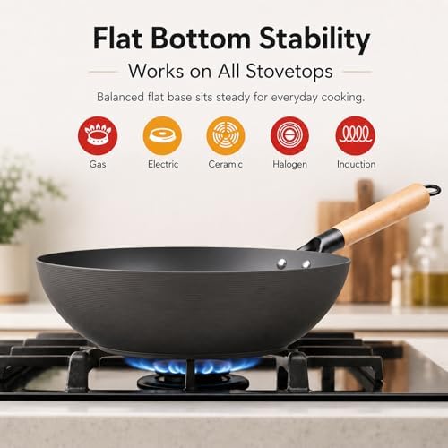 High-Purity Iron Carbon Steel Wok with Lid, 11.8 Inch Flat Bottom Wok Pan, Uncoated Stir Fry Pan with Wood Handle, Compatible with Gas, Electric, Induction and Ceramic Stoves