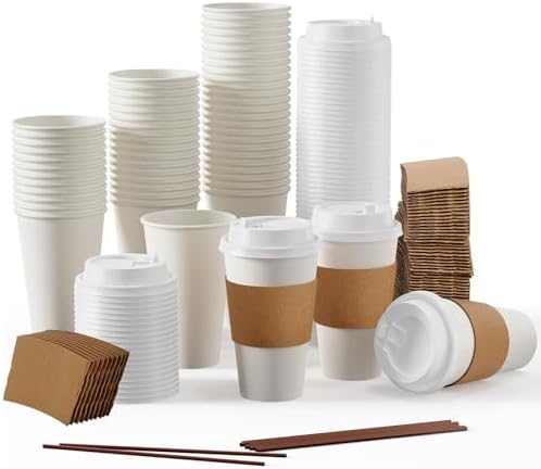 JOLLY PARTY 100 Pack 16 oz Disposable Paper Coffee Cups with Lids & Sleeves
