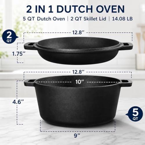 TeamFar 5qt Dutch Oven, Pre-seasoned Cast Iron for Bread Baking, Black