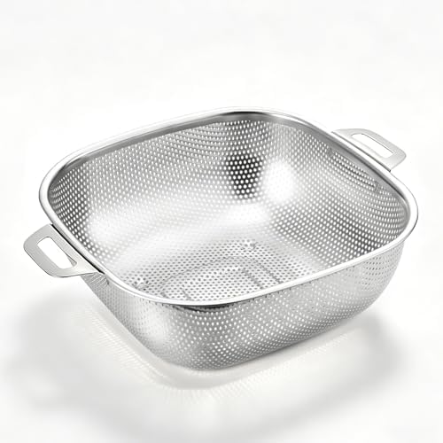6QT stainless steel filter pot with handle - square metal kitchen filter, used for draining spaghetti and vegetables, microporous high foot, dishwasher washable, gift box packaging (6QT)