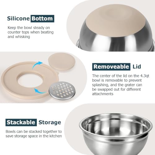 Stainless Steel Mixing Bowl Set with Lids, Non-Slip Silicone Base