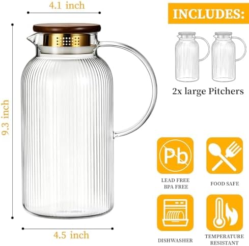 Buaic 2 PACK Glass Pitcher with Lid, 68oz/ 2 Liter Glass Water Pitcher