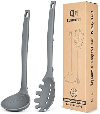 BUNDLEPRO Silicone Soup Ladle and Pasta Spoon Set, One-Piece, 2 Pack, Gray