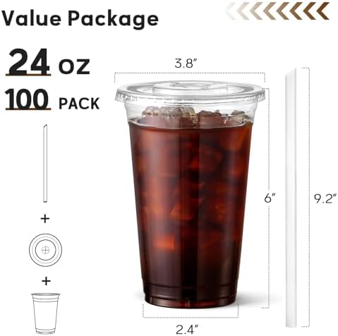 AOZITA 100 Pack - 24 oz Clear Plastic Cups with Lids and Straws, Food Safe Disposable Iced Coffee Cups for Cold Beverages, Smoothies, Iced Coffee, Leak-Proof, BPA-Free