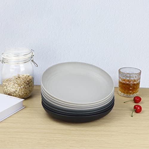 Homienly Wheat Straw Plates Unbreakable Deep Dinner Plates Set of 8 Lightweight Reusable Plastic Plates for Kitchen, Camping, Party, RV, Microwave and Dishwasher Safe Salad Plates (Black Grey, 9 inch)