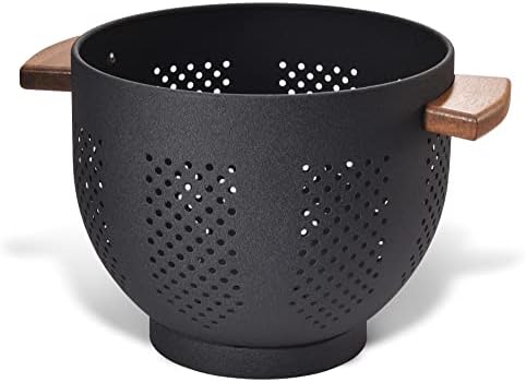 Metal Colander with Wood Handle and Stable Base, Powder Coated Steel Kitchen Strainer Basket for Draining Pasta, Vegetable and fruit(5.5quart,Matte Black)
