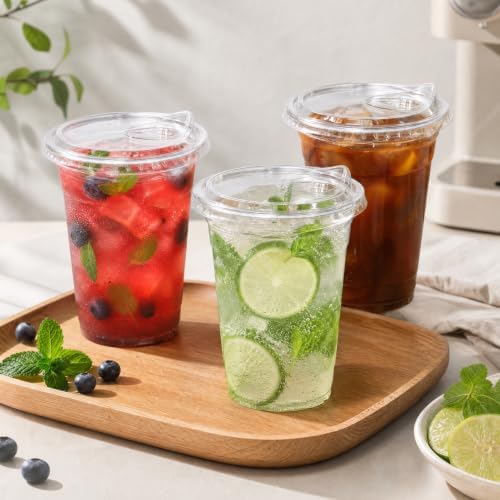 Ginkgo 100 Pack 20 oz Clear Plastic Cups with Strawless Sip Lids