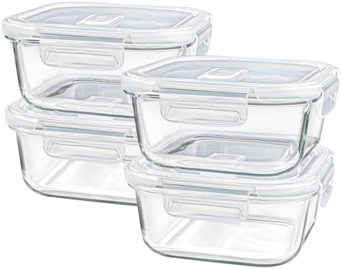 Square Glass Containers with Lids 3 Cup/24 oz, 4 Pack