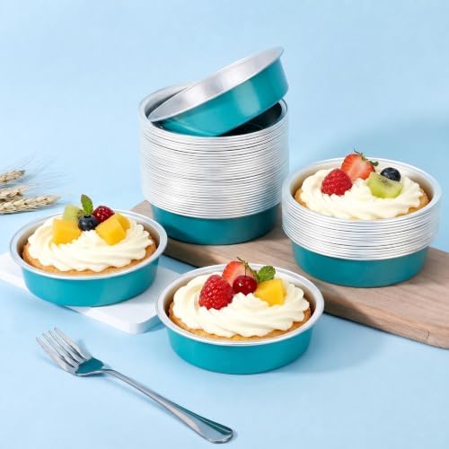 Beasea Mini Tart Pie Pan, 100 Pack 7.3oz 215ml Aluminum Foil Ramekins Disposable Baking Cups Only, 4 Inch Mini Baking Pie Tin Pans No Lids Cupcake Liners for Tart Cheesecake - Blue Green