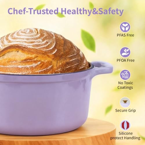 Enameled Cast Iron Dutch Oven with Lid&Silicone Grip, Round Casserole Pot for Bread Baking, Braising, Roasting,Stews,Heavy-Duty Baking Pan,Oven Safe, Induction Compatible (4.7QT,Purple)