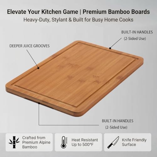 2-Piece Deep Carbonized Bamboo Cutting Board Set with Vertical Drying Stand | Wooden Chopping Boards for Kitchen | Extra Deep Juice Grooves & Easy-Carry Side Handles | Gift-Ready