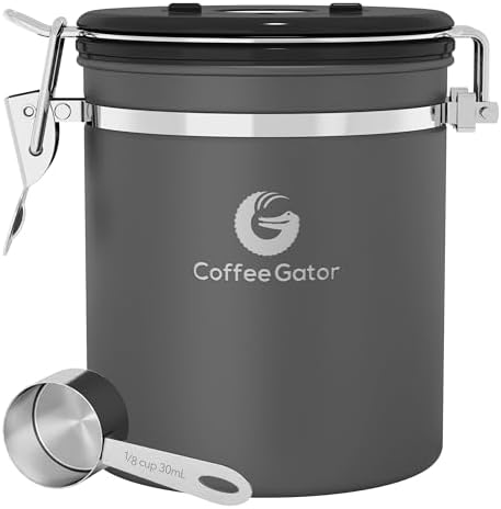 Coffee Gator Stainless Steel Canister - Medium 16oz, Gray Coffee Grounds and Beans Container with Date-Tracker, CO2-Release Valve, and Measuring Scoop - Ideal Coffee Lovers Gifts