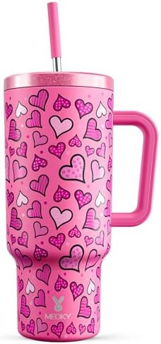 Meoky 40 oz Tumbler with Handle and Straw: Stainless Steel Insulated Tumbler with Lid and Straw - 100% Leak Proof Tumbler for Car Cup Holders - Travelers Commuters Workers, Blush Heart