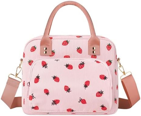 Lunch Bag Large Insulated Lunch Box for Women Adult Cute Pink Strawberry Lunchbox Corduroy Lunch Bags Boxes Pail with Shoulder Strap for Work Mom Picnic Office Travel 11.4×6.8×9.1 inches 11.5L