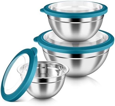 HaWare Mixing Bowls with Airtight Clear Lids, 6-Piece Stainless Steel Strong Nesting Bowls Set, Metal Salad Bowl for Cooking, Prepping, Baking, Serving & Food Storage, Size 4.6, 3, 1.5QT, Teal Blue