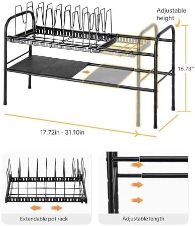 HULISEN Pots and Pans Organizer Under Cabinet, 2-Tier Expandable Pot Rack