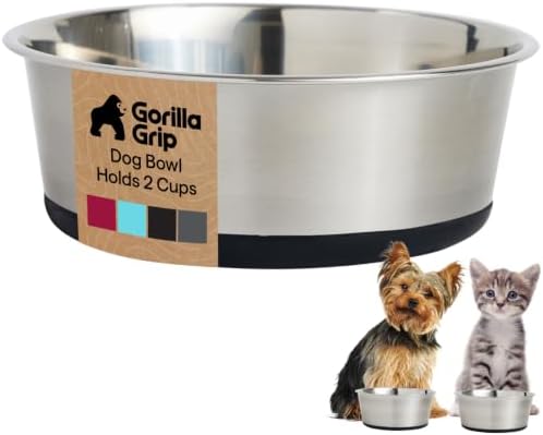 GORILLA GRIP Dog Bowl, Food Grade Stainless Steel Water Bowls, 2 Cup Black