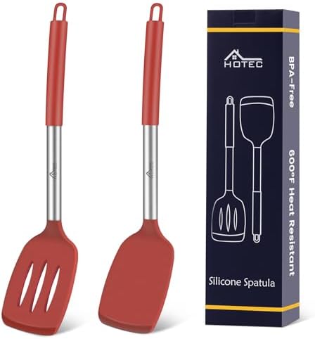 HOTEC Silicone Spatula Set of 2 Heat-Resistant 600°F & BPA-Free Kitchen SaptulaTurner with Stainless Steel Handles, Slotted & Solid Spatulas for Nonstick Cookware, 13.7 Inch, Red
