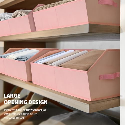 Homsorout Closet Baskets for Shelves Trapezoid - Decorative Storage Baskets with Handle, Closet Bins for Organization, Shelf Storage Bins for Clothes, Books, Home, Office, 4 Pack, Pink
