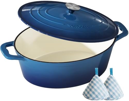 Enameled Cast Iron Dutch Oven - 9.3QT Dutch Oven Pot with Lid & Cotton Potholders - Heavy-Duty Non Stick Casserole Pot for Braising, Stews, Roasting, Baking, Suitable for All Stovetops, Navy Blue