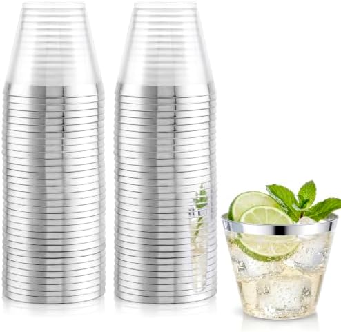 Hioasis Clear Cups for Party, 100 Pack, 9oz, Silver Disposable Party Cups