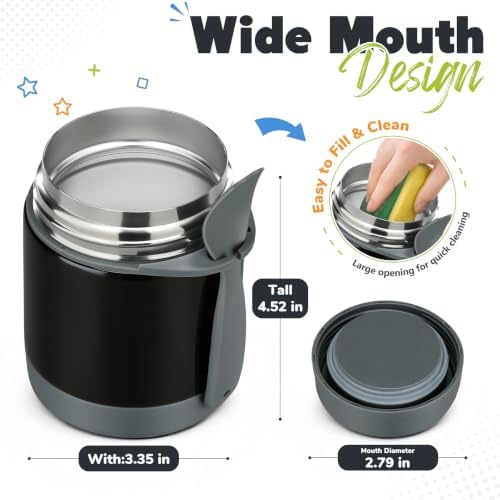 Howeemo 10oz Soup Thermo for Hot Food Kids,Lunch Kids Jar with Spoon Insulated Containers,Leak Proof Stainless Steel Wide Mouth Lunch School(Black)